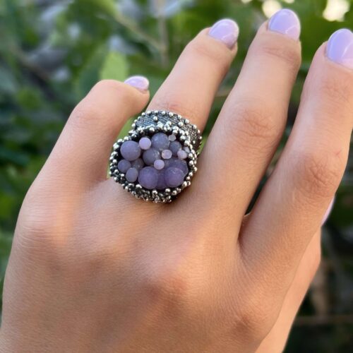 Bold silver ring with purple grape agate cluster and ball-textured band – handmade artisan jewelry