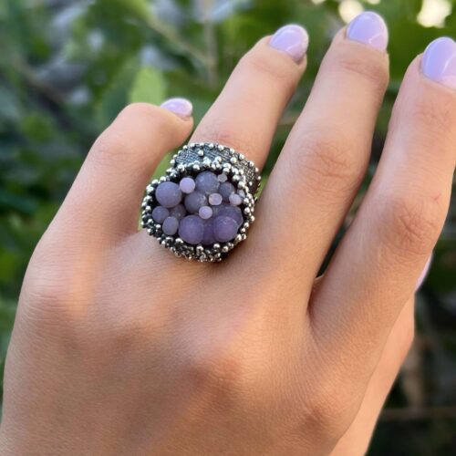 Bold silver ring with purple grape agate cluster and ball-textured band – handmade artisan jewelry
