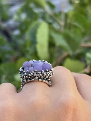 Handmade grape agate statement ring in sterling silver with textured beaded surface
