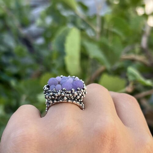 Handmade grape agate statement ring in sterling silver with textured beaded surface