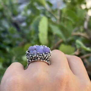 Handmade grape agate statement ring in sterling silver with textured beaded surface