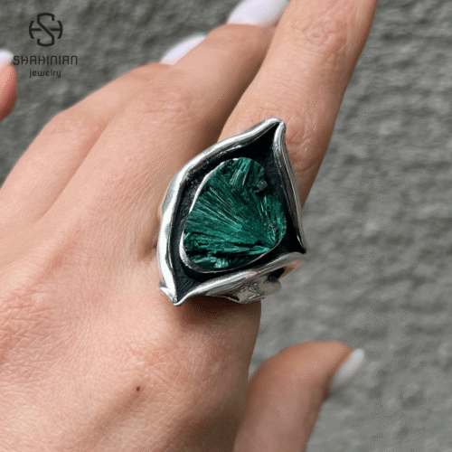 Triangle green malachite organic shape ring Sterling Silver, made in Armenia - Image 11