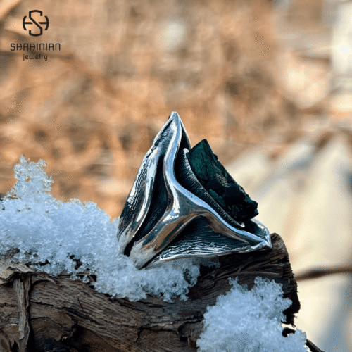 Triangle green malachite organic shape ring Sterling Silver, made in Armenia - Image 2