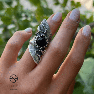 Large Onyx Ring in Sterling Silver 925 – Wide Band Textured Design, Handmade in Armenia