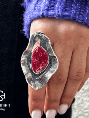 Adjustable Big Bold Wave Ring with Jasper, Sterling Silver 925