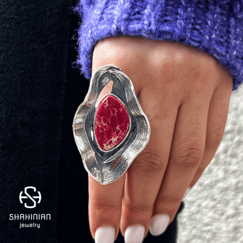 Adjustable Big Bold Wave Ring with Jasper, Sterling Silver 925