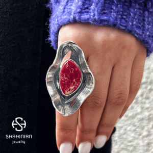 Adjustable Big Bold Wave Ring with Pink Jasper, Sterling Silver 925