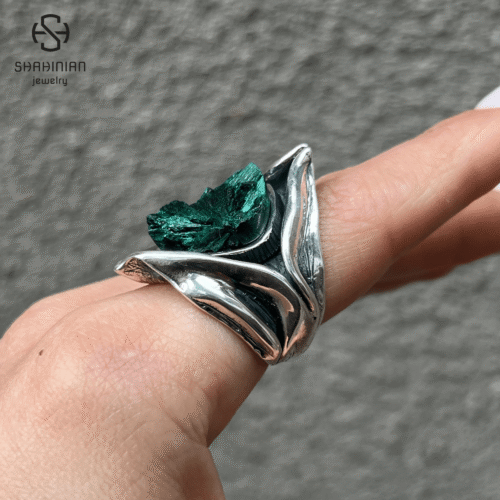 Triangle green malachite organic shape ring Sterling Silver, made in Armenia - Image 10