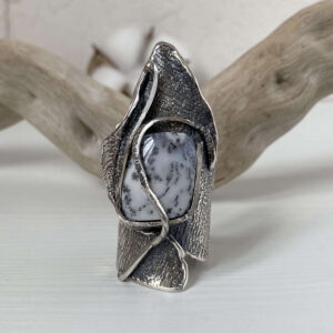 Big dendritic  Agate ring for Women,  Large Rectangle Stone  Ring, Textured Wide Band Bold Statement Jewelry
