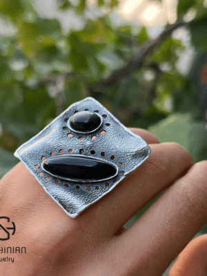 Sterling Silver Bold Square Black Obsidian Ring, Huge Geometric Ring for women, Made in Armenia