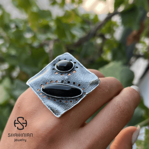 Sterling Silver Bold Square Black Obsidian Ring, Huge Geometric Ring for women, Made in Armenia