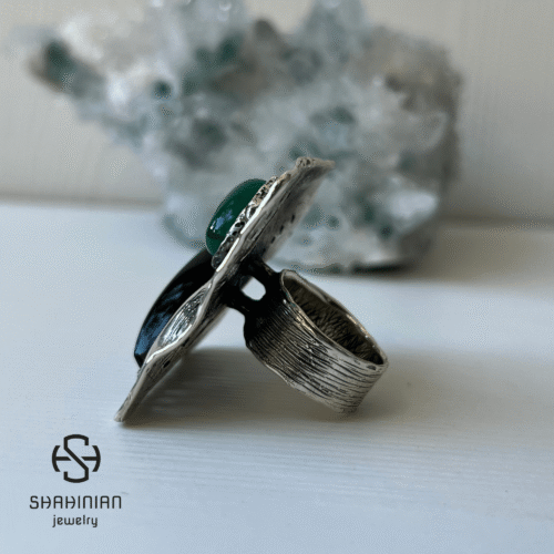 Bold Square Ring with Natural Black Obsidian & Green Agate, Sterling Silver 925 - Image 6