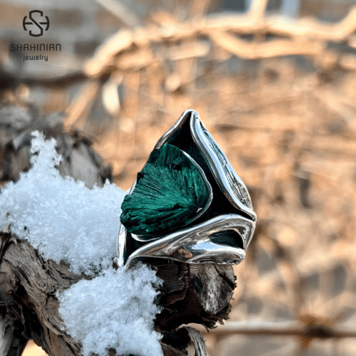 Triangle green malachite organic shape ring Sterling Silver, made in Armenia - Image 9