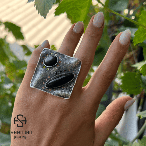 Sterling Silver Bold Square Black Obsidian Ring, Huge Geometric Ring for women, Made in Armenia - Image 7