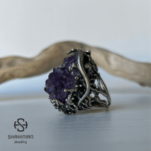 Raw Amethyst Lizard Ring Sterling Silver, Chameleon Twig Branch Ring, Purple Gemstone Jewelry