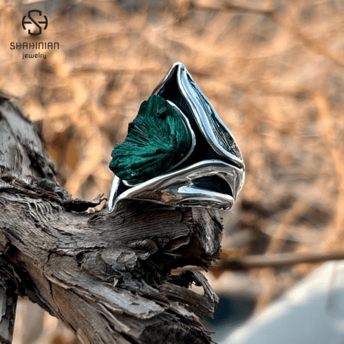 Triangle green malachite organic shape ring Sterling Silver, made in Armenia - Image 8