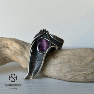 Large amethyst ring in Sterling Silver, Abstract leaf design ring with purple stone Shahinian Jewelry
