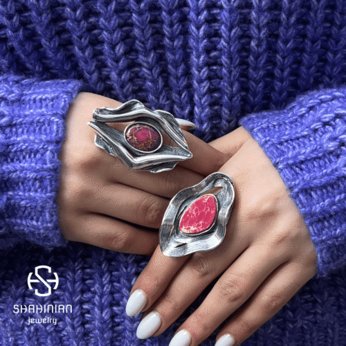 Adjustable Big Bold Wave Ring with Jasper, Sterling Silver 925 - Image 5