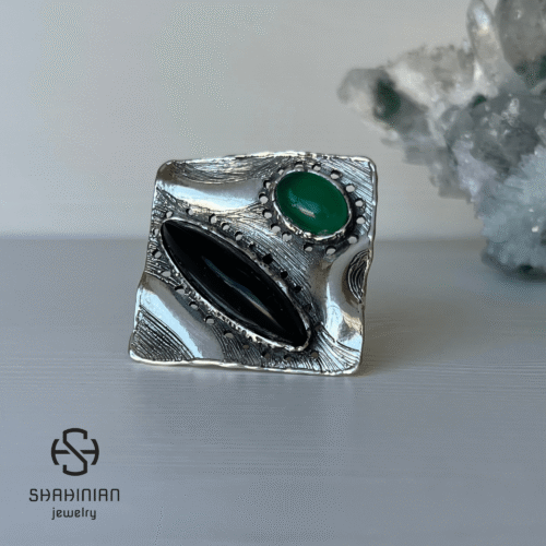 Bold Square Ring with Natural Black Obsidian & Green Agate, Sterling Silver 925 - Image 5