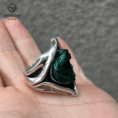 Triangle green malachite organic shape ring Sterling Silver, made in Armenia - Image 7
