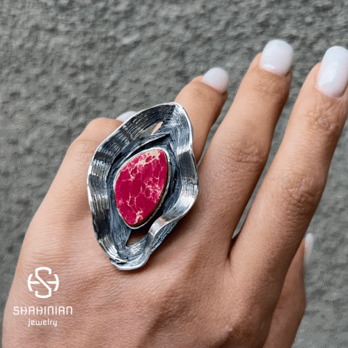 Adjustable Big Bold Wave Ring with Jasper, Sterling Silver 925 - Image 4