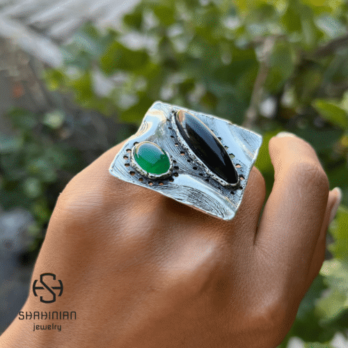 Bold Square Ring with Natural Black Obsidian & Green Agate, Sterling Silver 925 - Image 4
