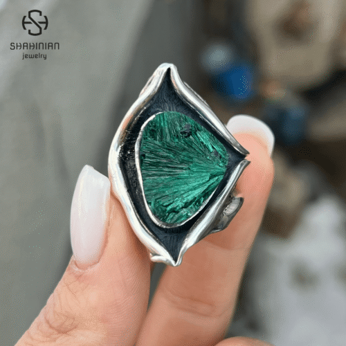 Triangle green malachite organic shape ring Sterling Silver, made in Armenia - Image 6