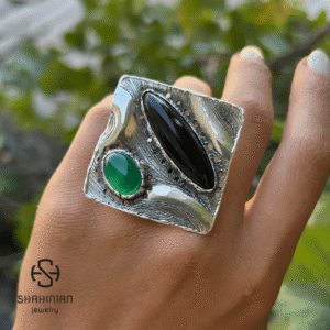 Bold Square Ring with Natural Black Obsidian and Green Agate, Sterling Silver 925