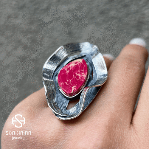Adjustable Big Bold Wave Ring with Jasper, Sterling Silver 925 - Image 3