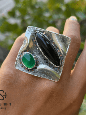 Bold Square Ring with Natural Black Obsidian & Green Agate, Sterling Silver 925