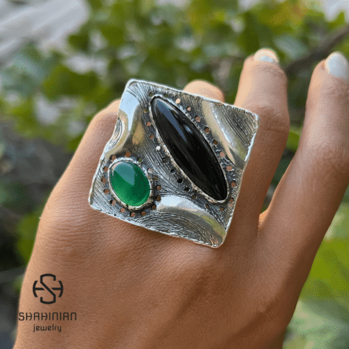 Bold Square Ring with Natural Black Obsidian & Green Agate, Sterling Silver 925