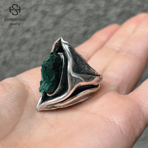 Triangle green malachite organic shape ring Sterling Silver, made in Armenia - Image 5