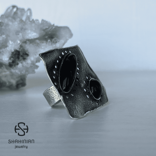 Sterling Silver Bold Square Black Obsidian Ring, Huge Geometric Ring for women, Made in Armenia - Image 3