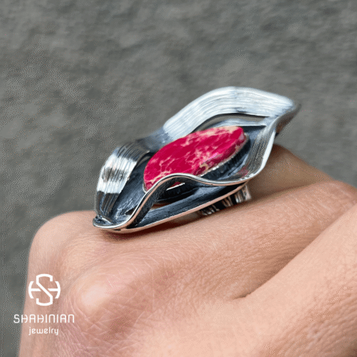 Adjustable Big Bold Wave Ring with Jasper, Sterling Silver 925 - Image 2