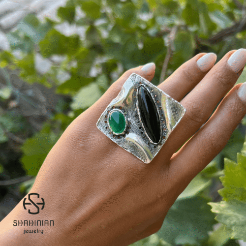 Bold Square Ring with Natural Black Obsidian & Green Agate, Sterling Silver 925 - Image 2