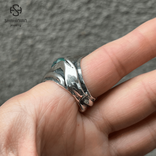 Triangle green malachite organic shape ring Sterling Silver, made in Armenia - Image 4