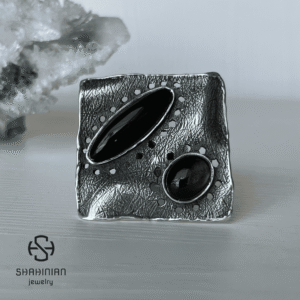 Big Bold square ring with natural  Black Obsidian and Onyx,  Organic form sculptural ring Shahinian Jewelry, Armenia