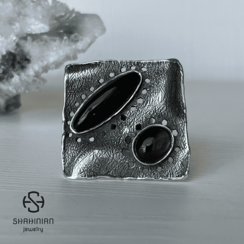 Sterling Silver Bold Square Black Obsidian Ring, Huge Geometric Ring for women, Made in Armenia - Image 2