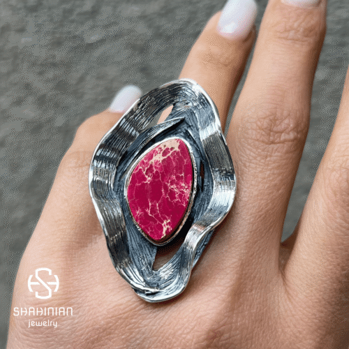 Adjustable Big Bold Wave Ring with Jasper, Sterling Silver 925 - Image 10