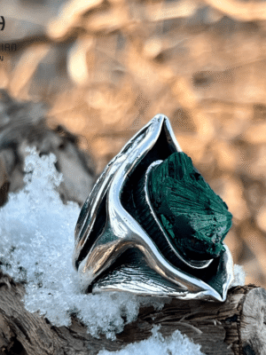 Triangle green malachite organic shape ring Sterling Silver, made in Armenia
