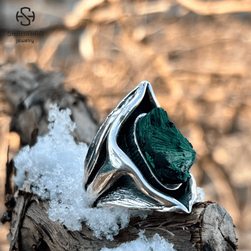 Triangle green malachite organic shape ring Sterling Silver, made in Armenia