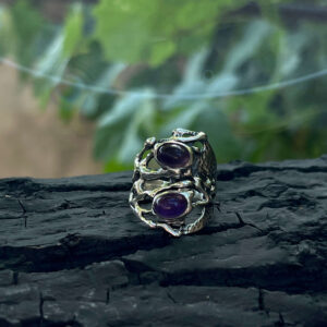 Abstract Amethyst Ring – Wide Sterling Silver Band with Purple Stone