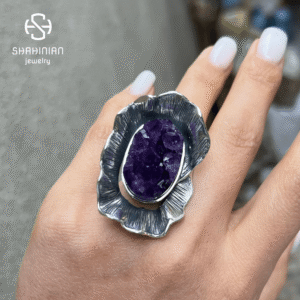 Large Amethyst Flower Ring, Sterling Silver Druzy Purple Stone Ring, Adjustable Ring