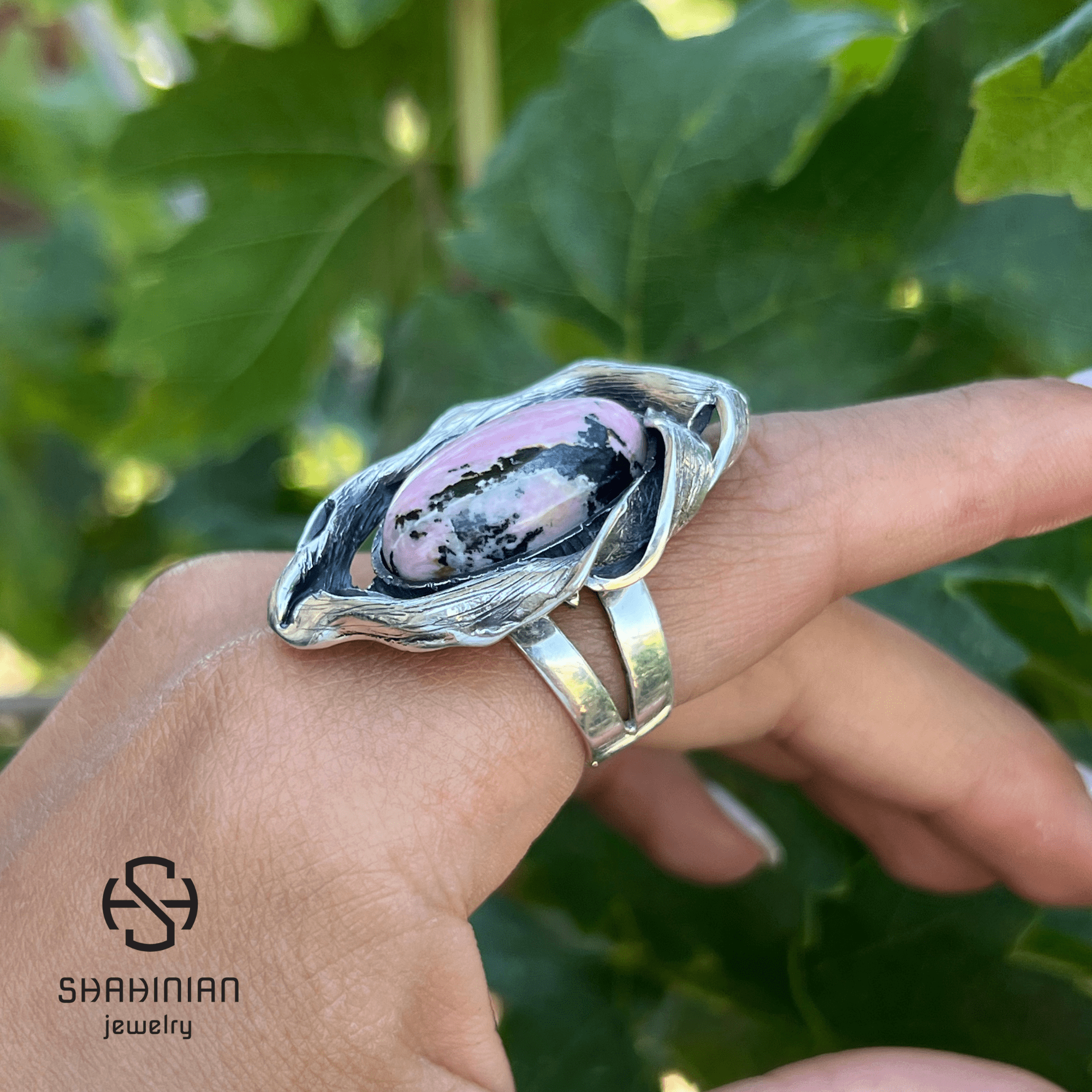 Adjustable Large Oval Stone Rhodonite Ring for Women | Sterling Silver Bold Statement Ring | Big Pink Black Gemstone Jewelry - Image 11