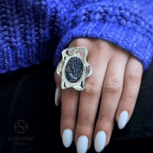 Raw Black Stone Flower Ring – Sterling Silver Big Abstract Statement Ring for Women | Shahinian Jewelry