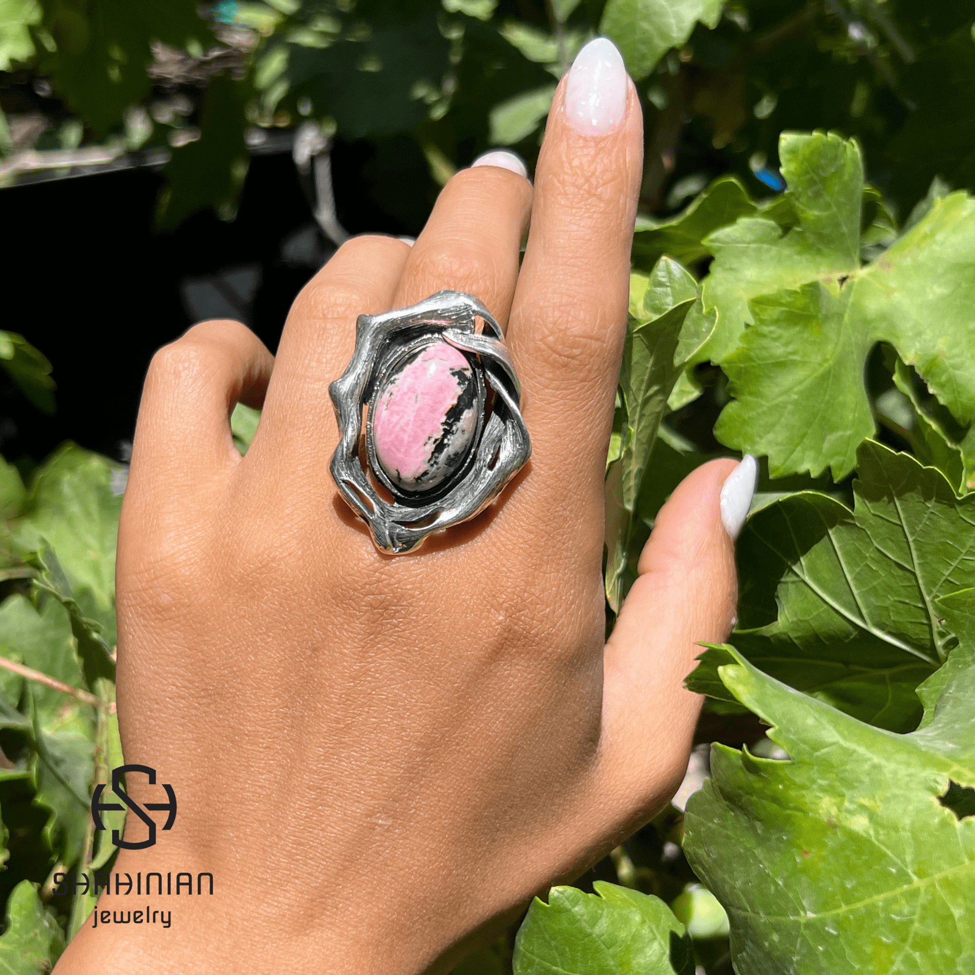 Adjustable Large Oval Stone Rhodonite Ring for Women | Sterling Silver Bold Statement Ring | Big Pink Black Gemstone Jewelry - Image 3