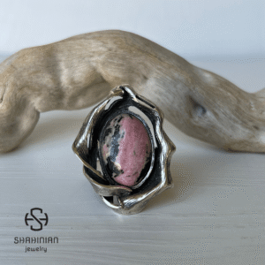 Adjustable Large Oval Stone Rhodonite Ring for Women |  Sterling Silver Bold Statement Ring | Big Pink Black Gemstone Jewelry