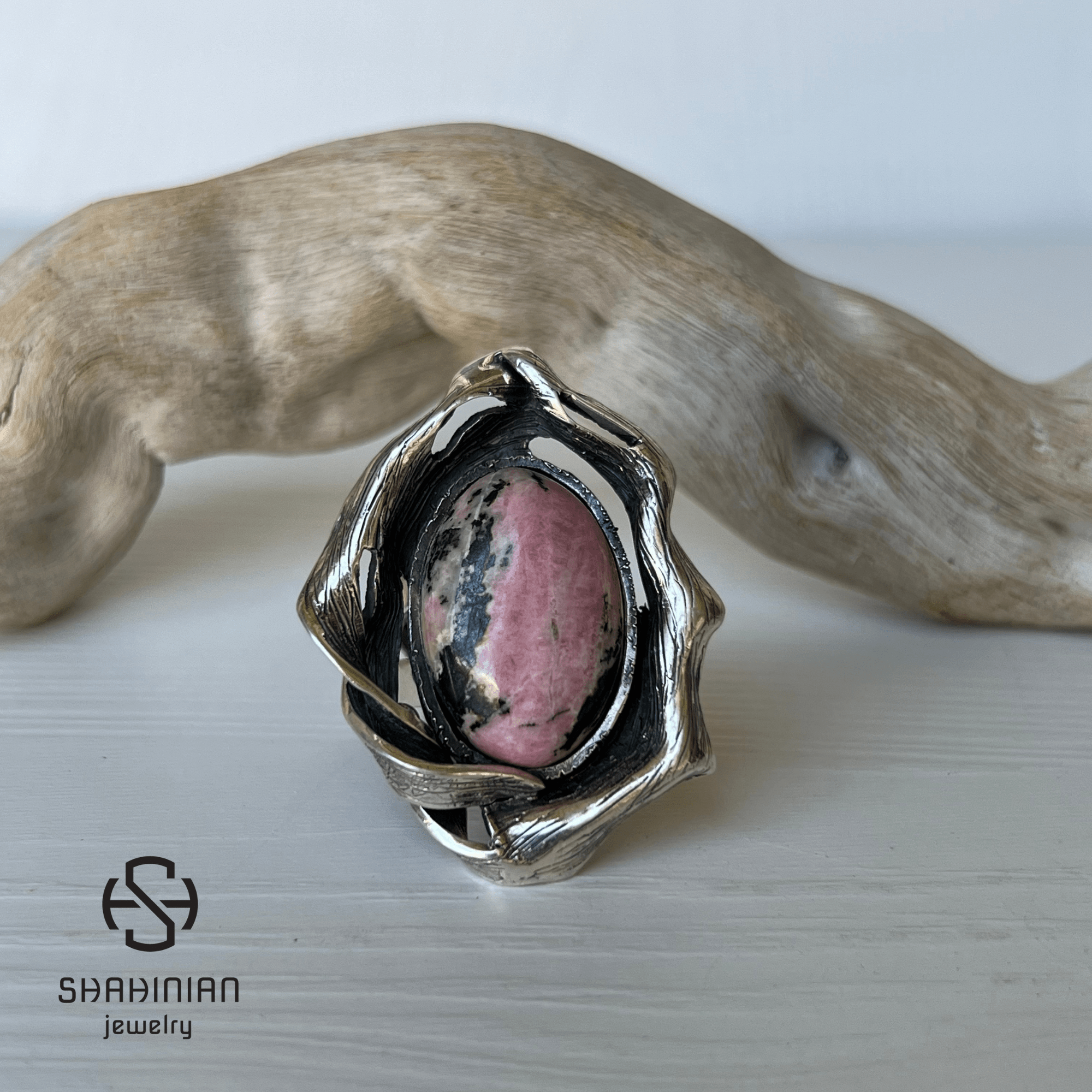 Adjustable Large Oval Stone Rhodonite Ring for Women | Sterling Silver Bold Statement Ring | Big Pink Black Gemstone Jewelry