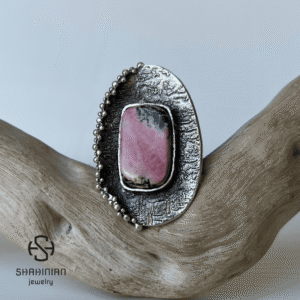 Large Rectangle Rhodonite Ring, Oval shaped Granulation | Wide Band Artisan Jewelry for Women by Shahinian Jewelry