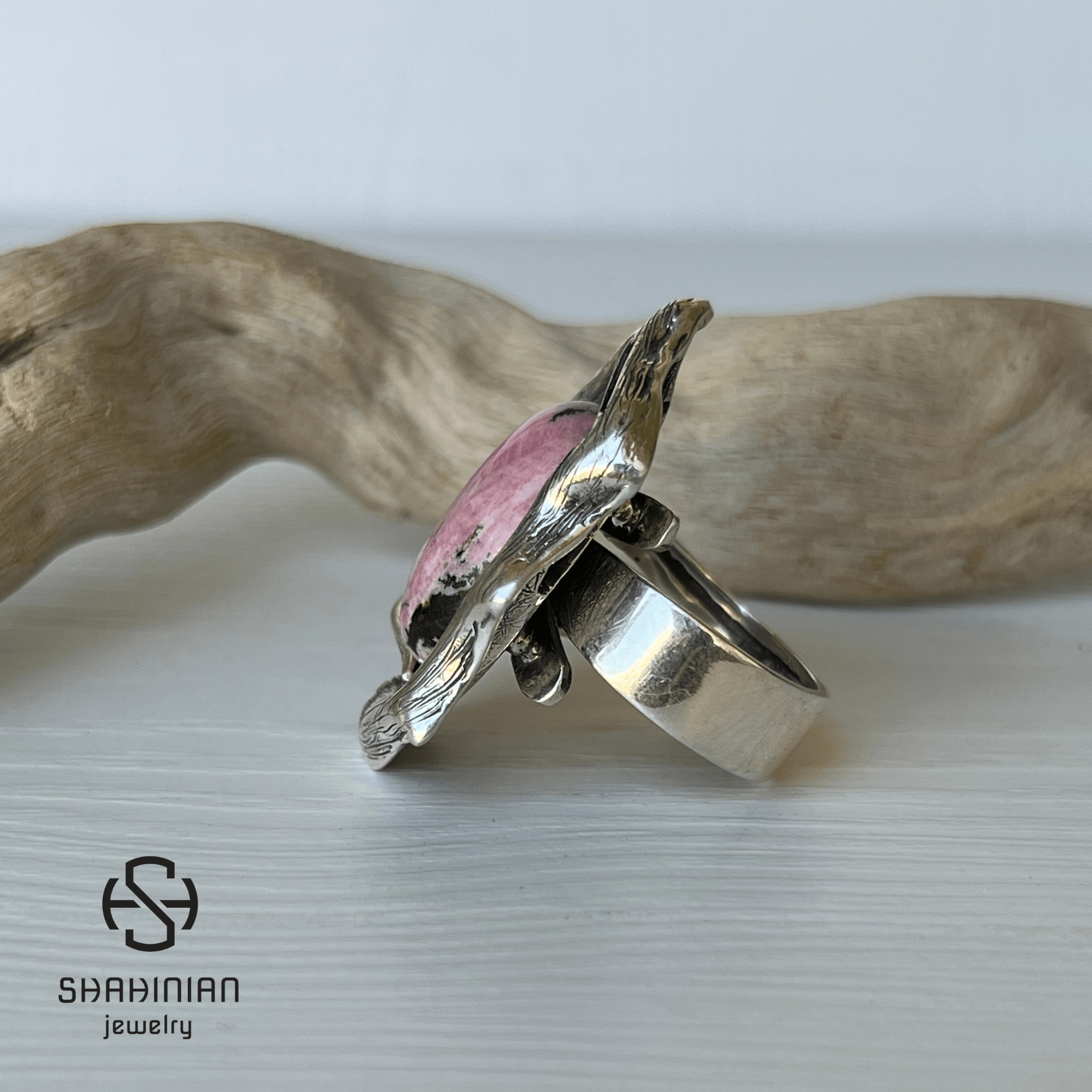 Adjustable Large Oval Stone Rhodonite Ring for Women | Sterling Silver Bold Statement Ring | Big Pink Black Gemstone Jewelry - Image 6